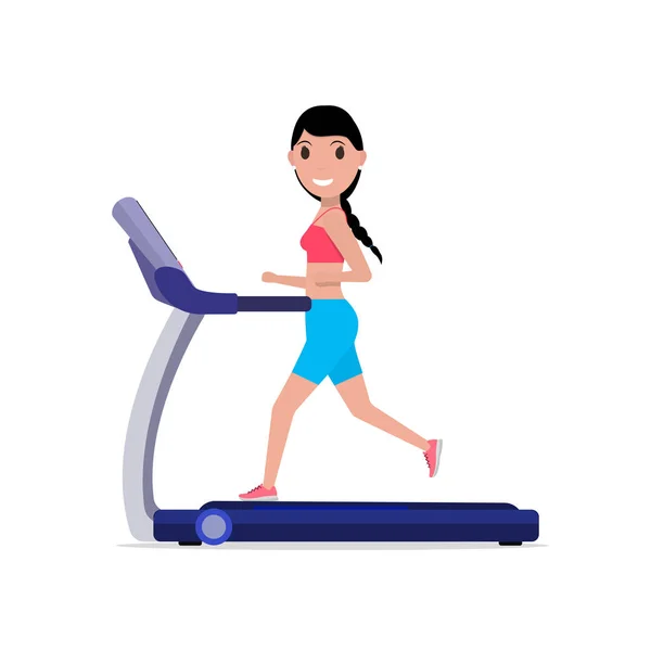 Vector cartoon sporty girl running on a treadmill — Stock Vector