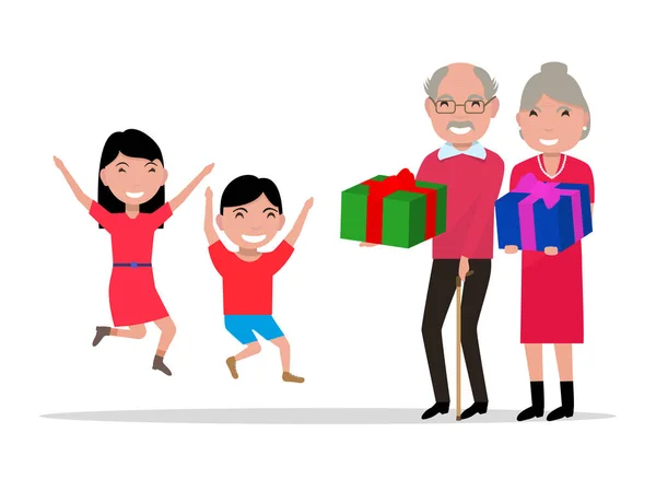 Vector abuelos dan a sus nietos regalos — Vector de stock