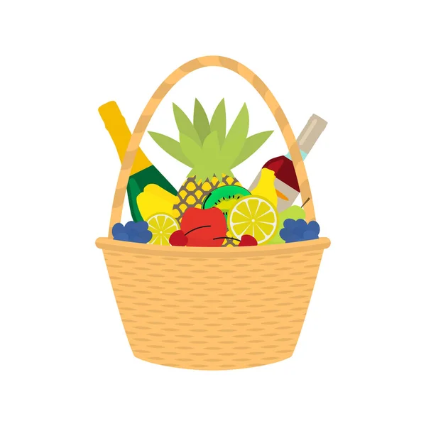 Vector flat cartoon straw wicker basket with food — Stock Vector