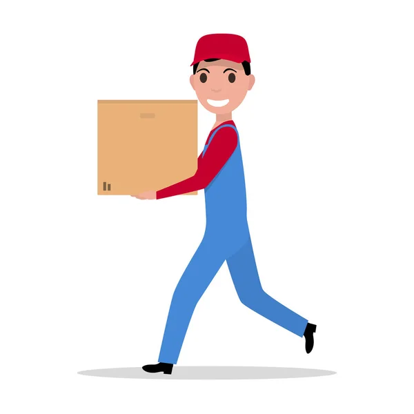 Homem de entrega de desenhos animados vetorial com caixa de papelão —  Vetores de Stock