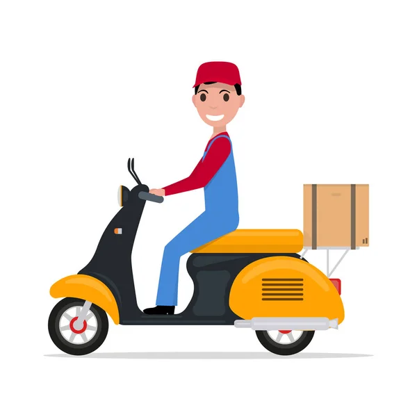 Vector plano hombre de la entrega de dibujos animados en una scooter — Archivo Imágenes Vectoriales