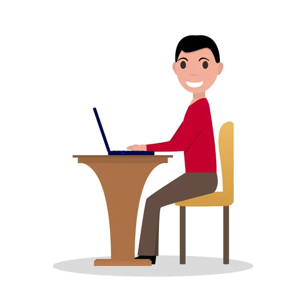 Векторный мультфильм о человеке, работающем на ноутбуке — стоковый вектор