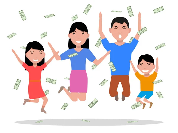 Vector cartoon happy family falling on top money — Stock Vector