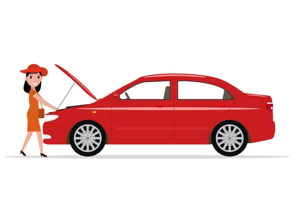 Vettoriale donna cartone animato aperto cappuccio dell'automobile — Vettoriale Stock