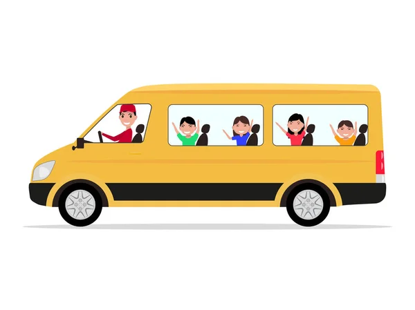 Vector cartoon minivan driver children passengers — Stock Vector