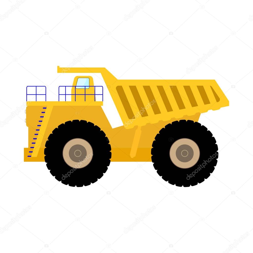 Vector illustration of cartoon big heavy dump truck. Isolated on white background. Flat style. Icon yellow tipper.