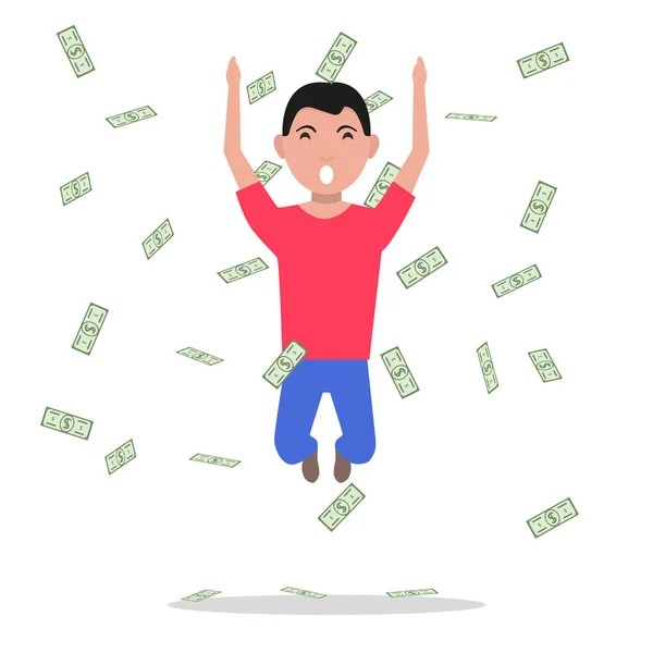 Vector cartoon man jump falling paper money — Stock Vector