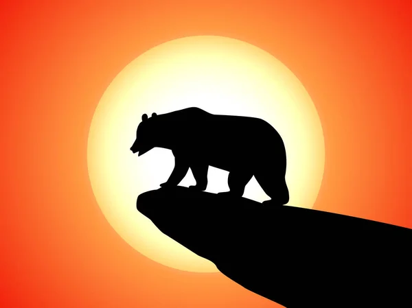 Silhouette vectorielle ours sur un rocher sur un coucher de soleil — Image vectorielle