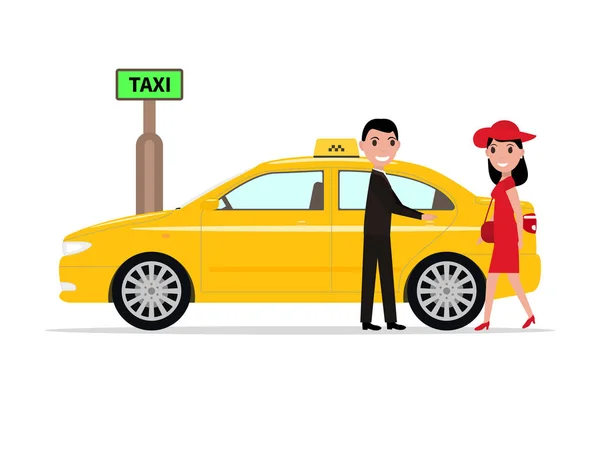 Vector hombre taxi ayuda a pasajero mujer puerta abierta — Archivo Imágenes Vectoriales