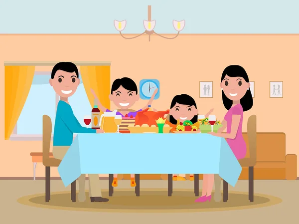 Διάνυσμα κινουμένων σχεδίων ευτυχισμένη οικογένεια γιορτινό δείπνο τραπέζι — Διανυσματικό Αρχείο
