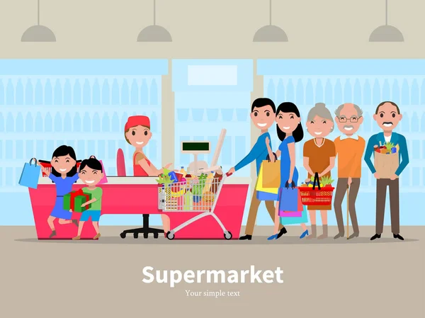 Vektor Cartoon Menschen beim Einkaufen Supermarkt — Stockvektor