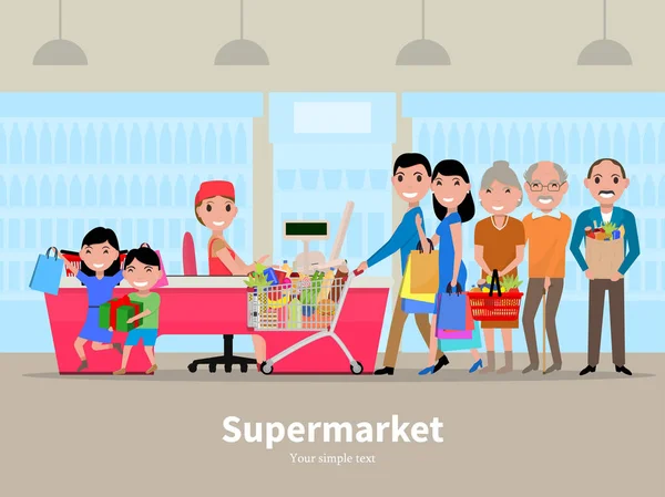 Vektör karikatür insanlar alışveriş süpermarket yapıyor
