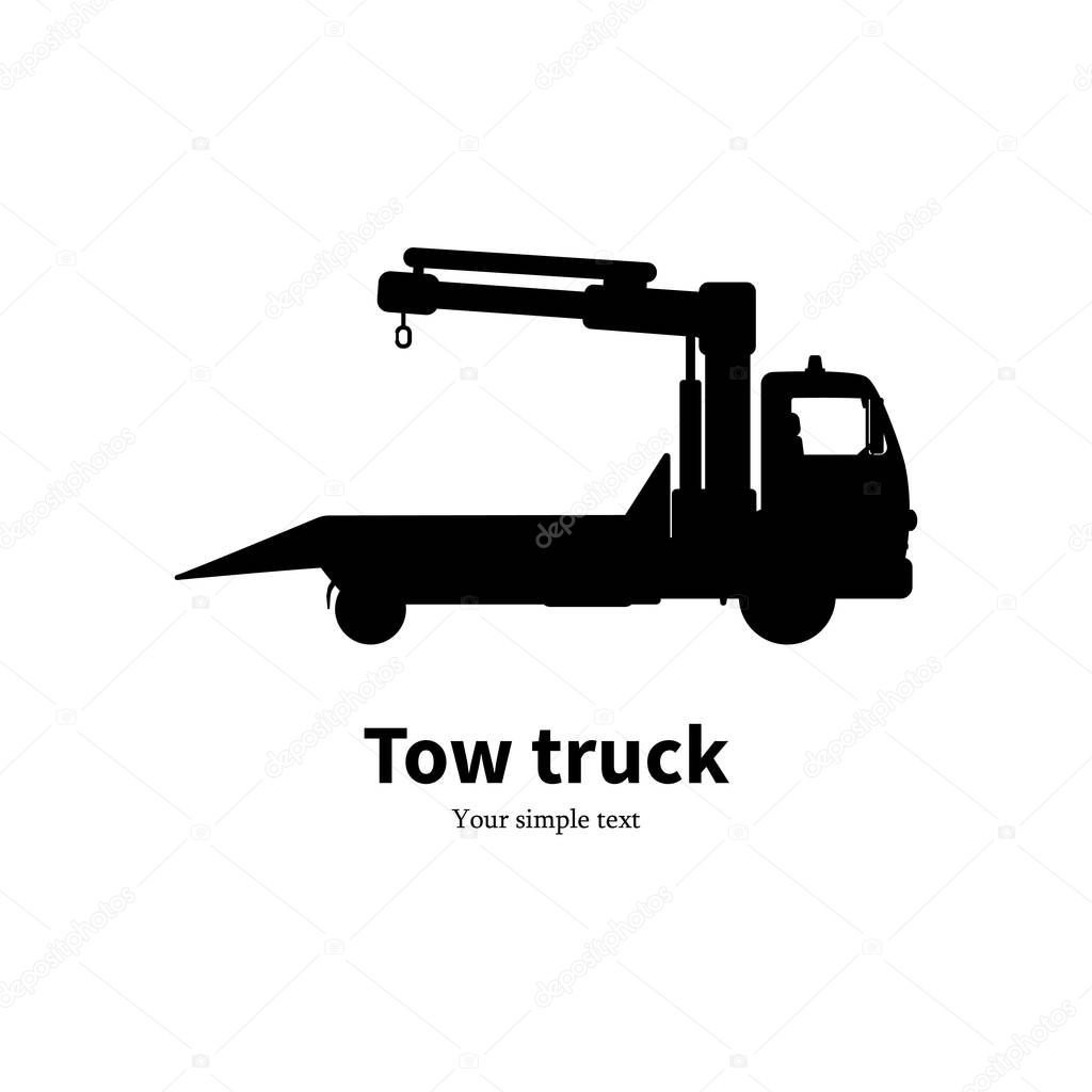 Vector illustration black silhouette of a wrecker. Isolated white background. The concept of service of evacuation. Wrecking car side view profile. Icon logo tow truck. Car evacuator. Vehicle towing.