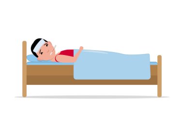 Grip ile yatakta yatan vektör karikatür hasta hasta adam