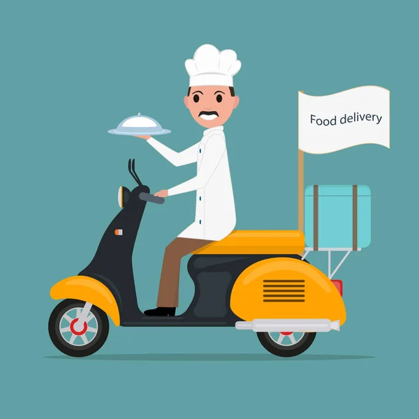 Vecteur drôle dessin animé chef cuisinier homme scooter nourriture — Image vectorielle