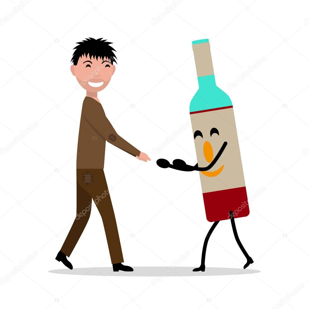 Vector cartoon young adult man with bottle alcohol