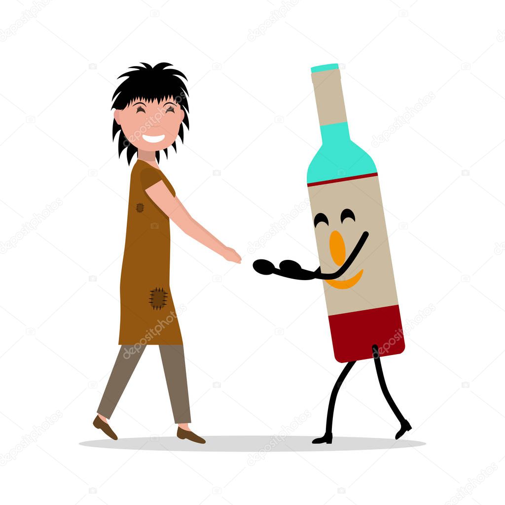 Vector cartoon young adult woman bottle alcohol