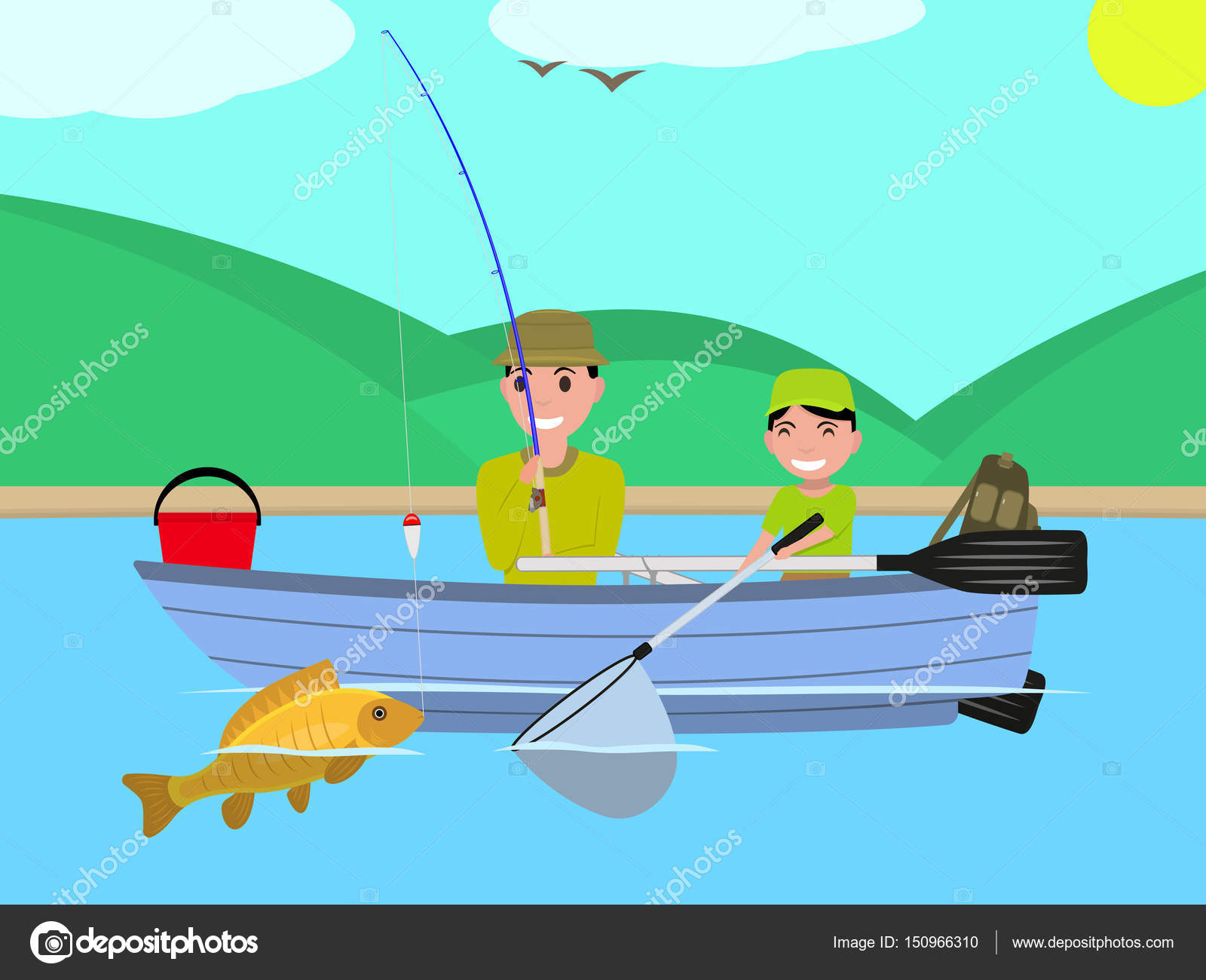 Bande dessinée Pêcheur en mer avec bateau de pêche — Image vectorielle