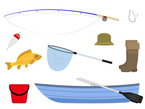 Instalaciones de pesca de dibujos animados, accesorios pescador — Vector de stock