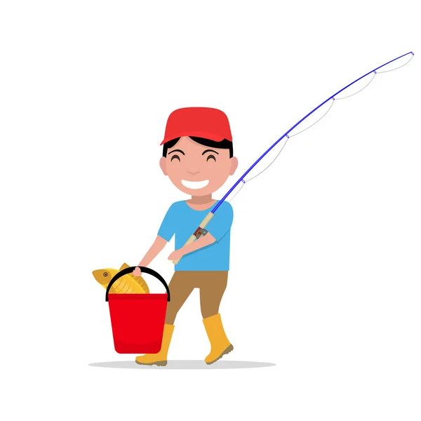 Vector cartoon jongen gaan hengel emmer vis — Stockvector