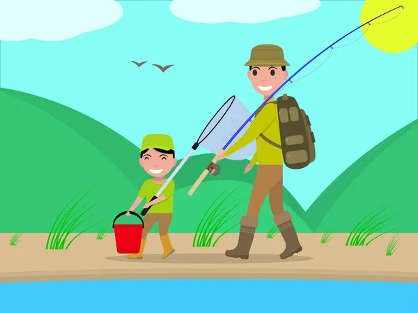 Vector dibujos animados padre e hijo ir en viaje de pesca — Vector de stock