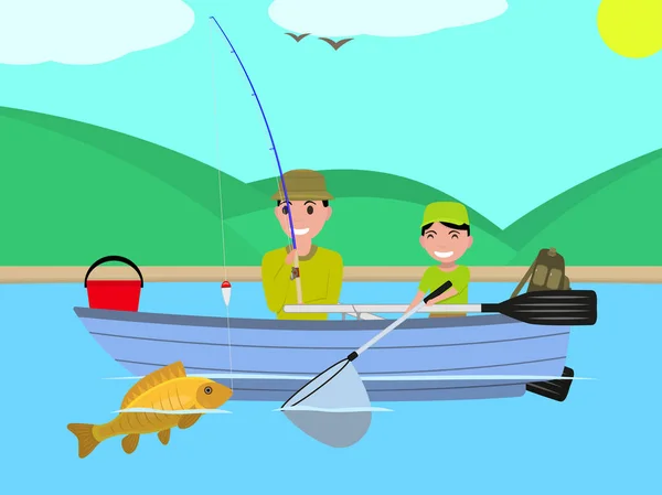 Vector cartoon father son together fishing boat — Stock Vector