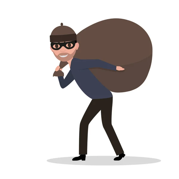 Vector cartoon male thief carrying bag with a loot — Stock Vector