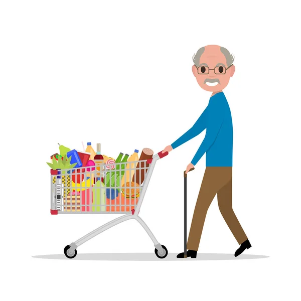 Vecteur dessin animé vieil homme avec un chariot d'achat — Image vectorielle