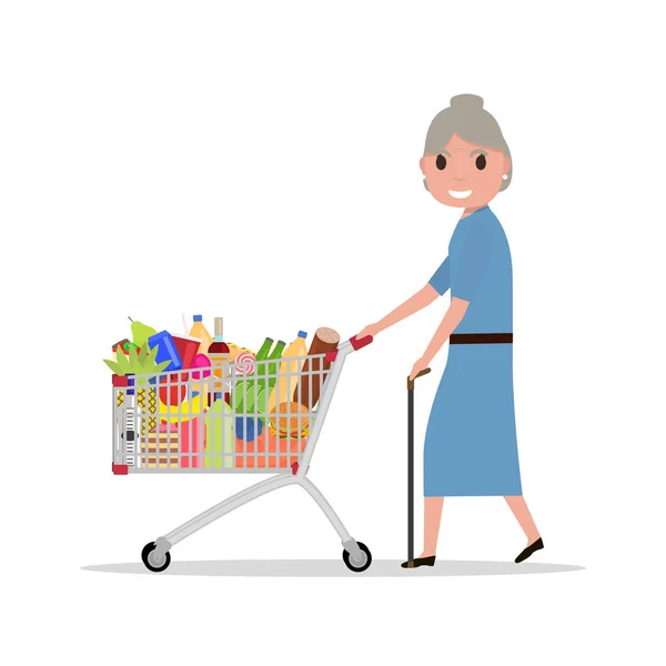 Vector illustration cartoon old woman with a shopping trolley full of groce...