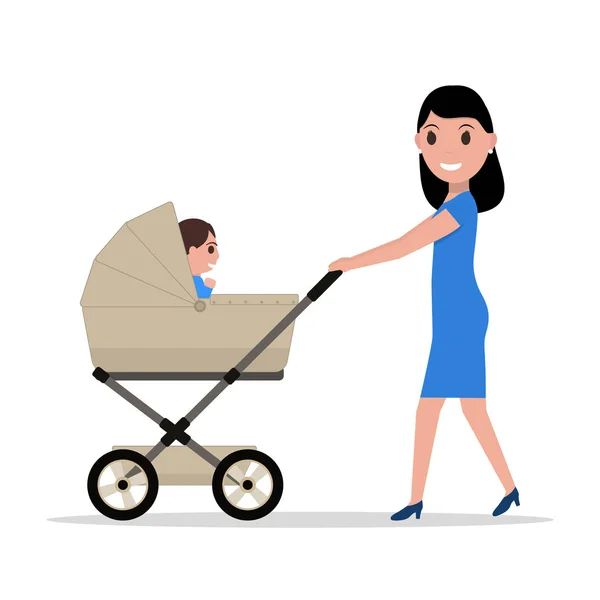 Vector cartoon moeder rijden van een kind-kinderwagen — Stockvector