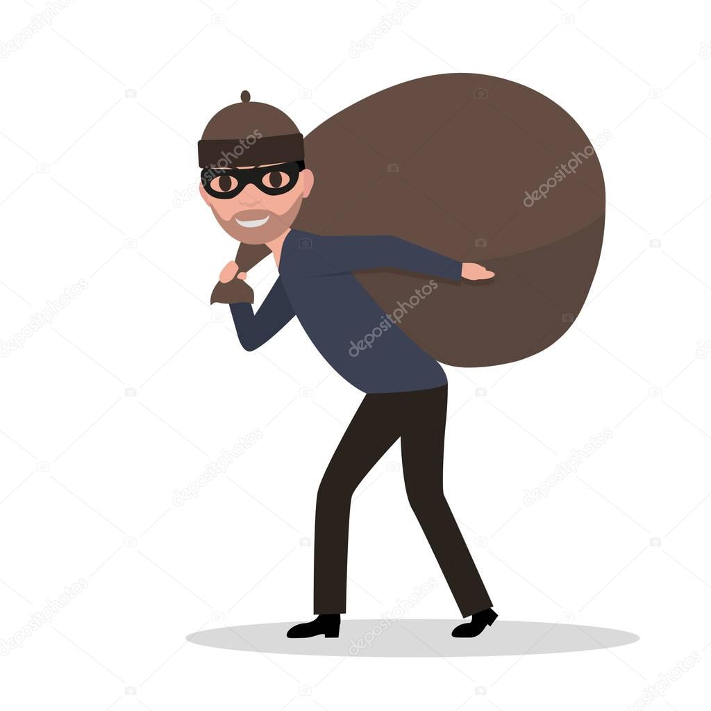 Vector cartoon male thief carrying bag with a loot