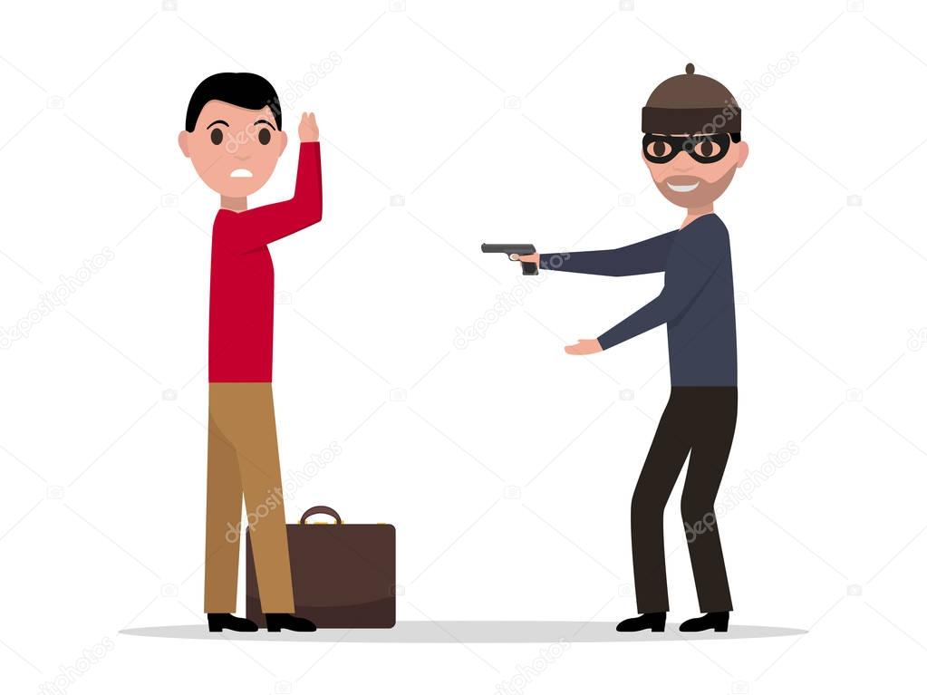 Vector cartoon robber with a gun robbing a man
