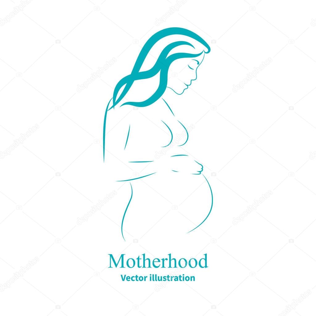 Vector illustration of a sketch of a pregnant woman. Isolated white background. The concept of motherhood. Logo icon side view, profile.