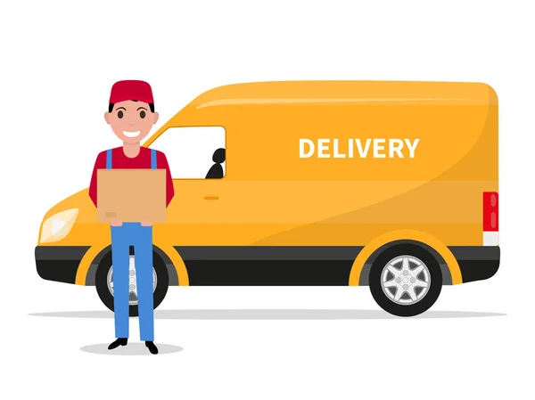 Vector cartoon delivery man with carton box a car — Stock Vector
