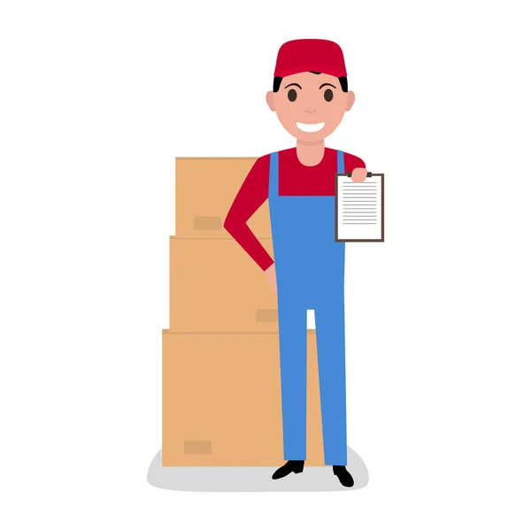 Vector cartoon delivery man with cardboard boxes — Stock Vector