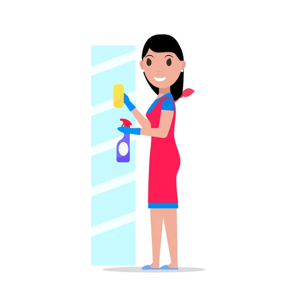Векторна мультиплікаційна дівчина ганчірка миє скло — стоковий вектор