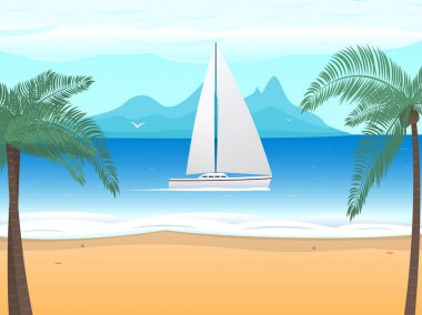 Vektör beach palm ağaç tekne ile okyanusta yelken
