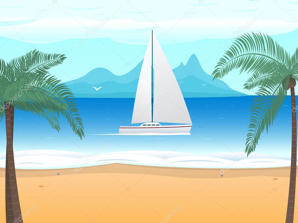 Vector beach palm tree boat with sails on ocean