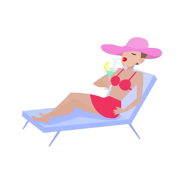 Vector cartoon girl in swimsuit lies on deckchair — Stock Vector