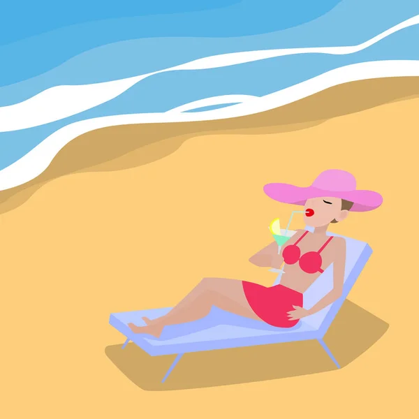 Векторна мультяшна жінка лежить на шезлонгу піщаного пляжу — стоковий вектор