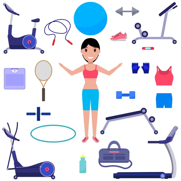 Vector cartoon girl with various sports equipment — Stock Vector