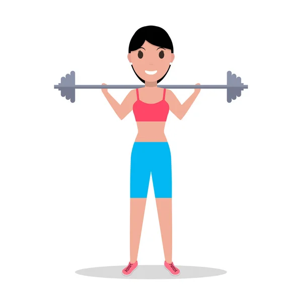 Vector cartoon girl holding heavy barbell — Stock Vector