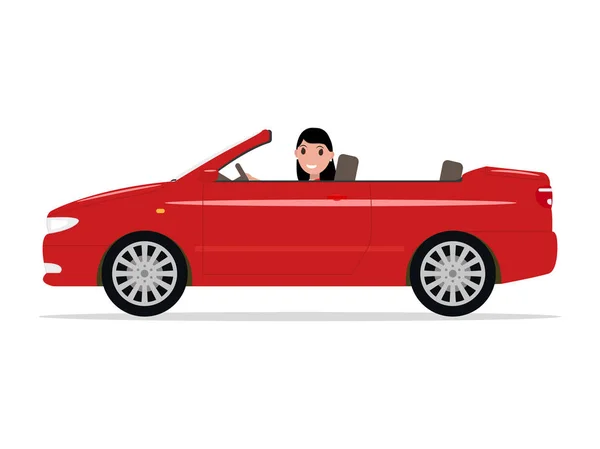 Vektor rajzfilm lány lovaglás-ban egy piros autó cabriolet — Stock Vector