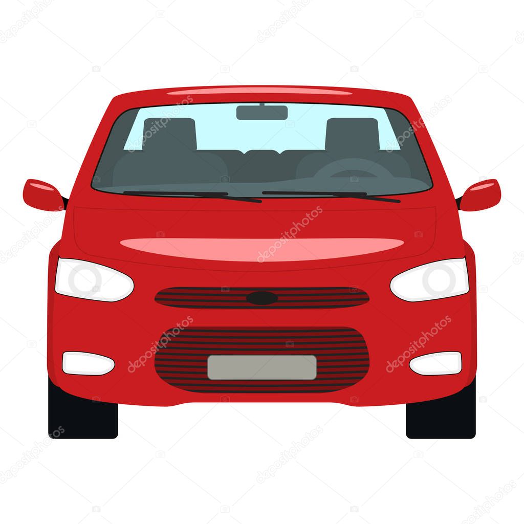 Vector illustration of a cartoon red car. Isolated white background. Automobile front view. Auto flat style.