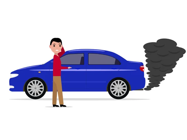 煙の排気パイプと漫画男立っている車 — ストックベクタ