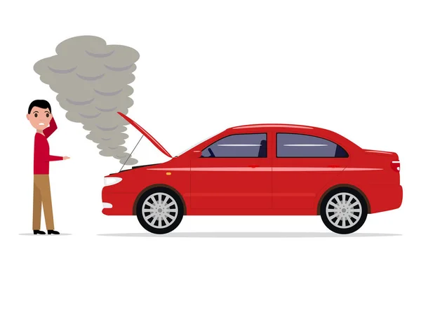 Vector hombre de dibujos animados de pie con un coche roto — Archivo Imágenes Vectoriales