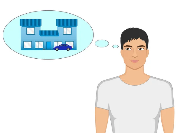 Vektor tecknad kille drömmer om ett hus och en bil — Stock vektor