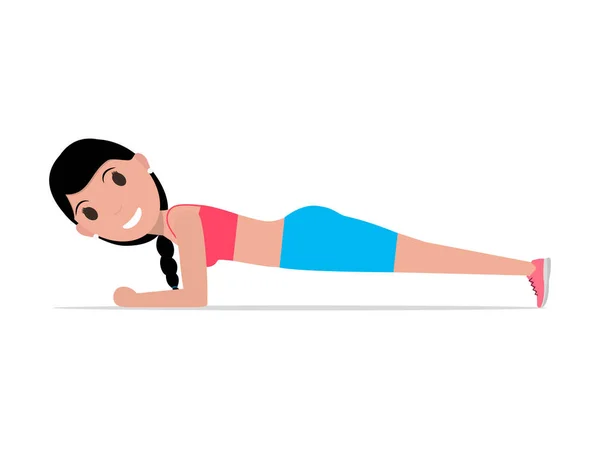 Vector cartoon girl doing exercise forearm plank — Stock Vector
