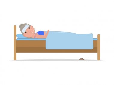 Vektör karikatür hasta yaşlı kadın yatakta grip ile