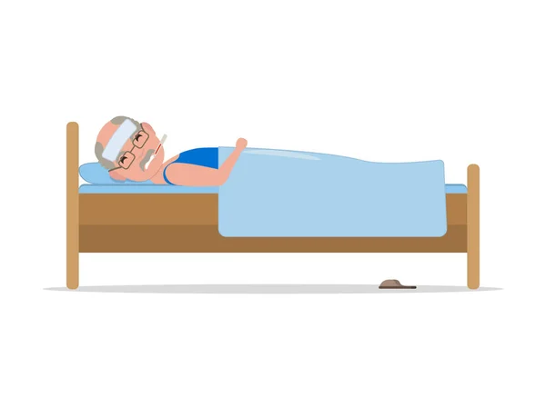 Vector cartoon zieke oude man in bed met griep — Stockvector